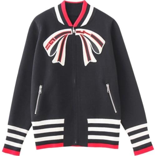 2021 Women Baseball Knit Jacket Bow Embroidery Patch Designs Zipper Baseball Jacket Multi-color Striped High Waist Knitted Coat