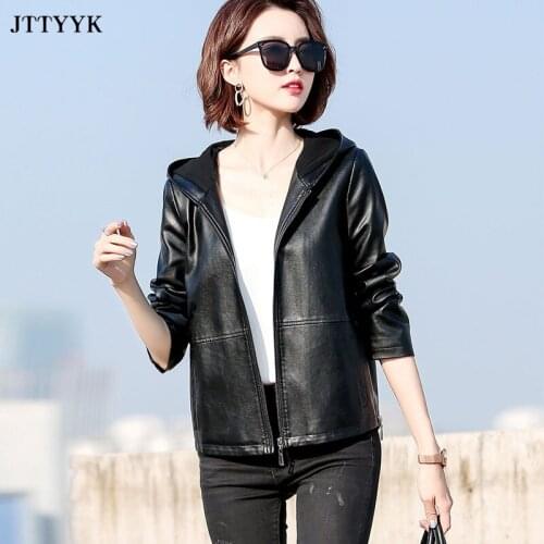 2021 Spring Autumn New Leather Women Jacket Short Haining Washed Leather Hooded Tops Female Fashion Loose Outwear Coat