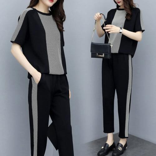 2021 Spring Summer Knitted 2 Piece Set Women Short Sleeve Round Neck Pullover Top + Pencil Pants Suits Ladies Knitting Suit Y916