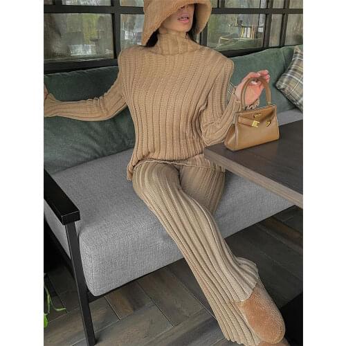 Tossy 2021 New Ribbed Outfits Knitted Long Sleeve Sweater Top And Pants 2 Piece Sets Casual Loose Tracksuit Fashion Chic Suit