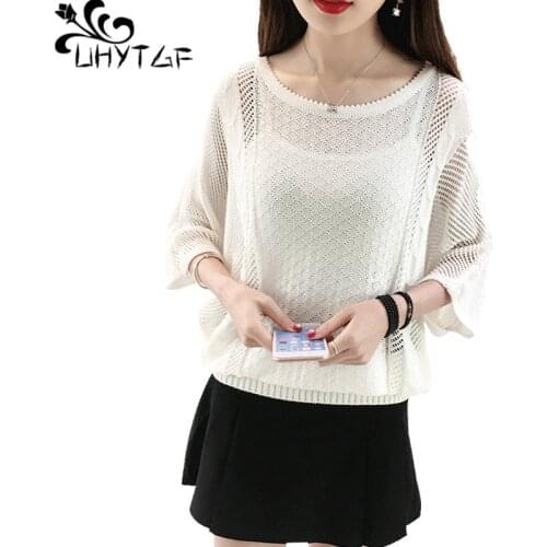 UHYTGF New Ice Silk Knitted Women Summer Sweater Fashion Bat Sleeve Hollow Thin Tops Female O Neck Pullover Short Sweaters 2010