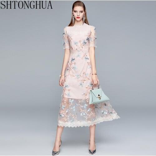 High Quality Lace Dress New 2020 Summer Women Beautiful Butterfly Embroidery Mesh Lace Patchwork Midi Party Dress