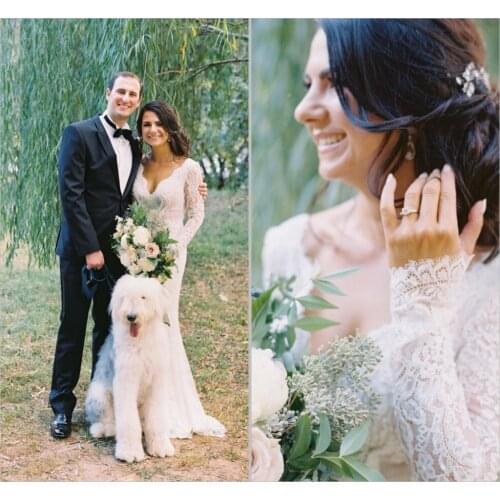 2021 Bohemian Wedding Dresses Sexy V Neck Long Sleeve Lace Appliques Bridal Gowns Custom Made Garden Mermaid Wedding Dress