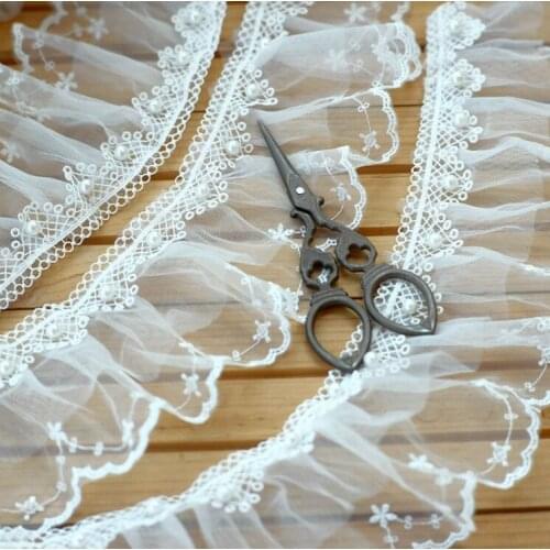 1 Meter 8 CM Width Pearls Beaded Double Layers Pleated Lace Trim Garter Lingerie Neck Dolls Dress Home Textile Decor Handmade