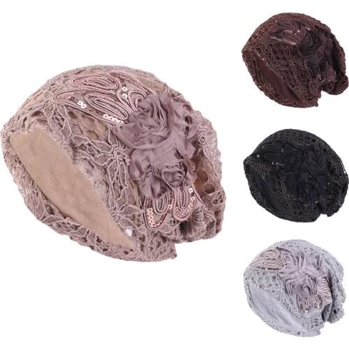 1PCS Adult Hat Womens Ethnic Style Lace Sequined Large Flower Ear Cap Fashion Thermal Multicolor Ear Protection Casquette