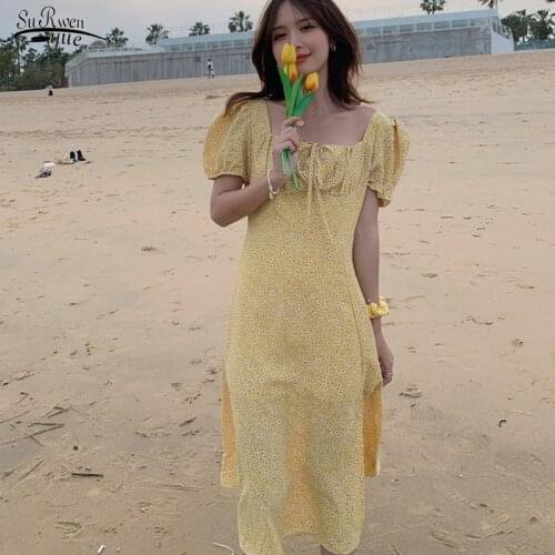 2021 Sexy Square Collar Long Dress White Summer French Floral Beach Dress Yellow Printing Party Dress Robe Femme 14689