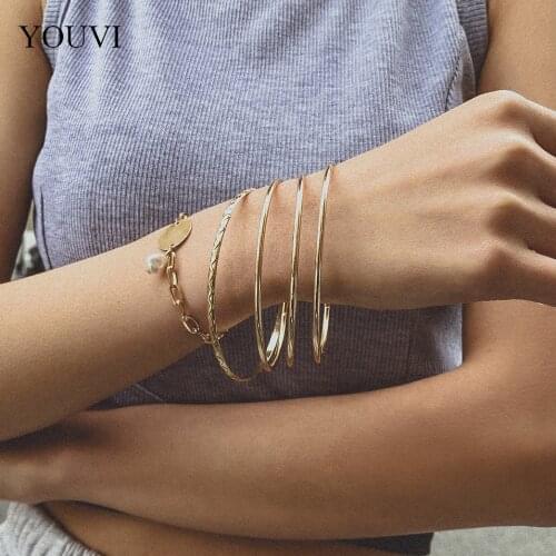 YOUVI 5Pcs/Set Exaggerated Circle Bangles Chain Bracelets for Women Goth Friendship Men Charm Bracelets on Hand Jewelry Sets