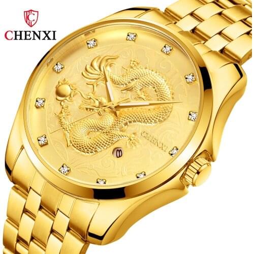 CHENXI Luxury Golden Watches Chinese Dragon Patern 30M Waterproof Stainless Steel Casual Gold Men Dress Watches Gift Clock