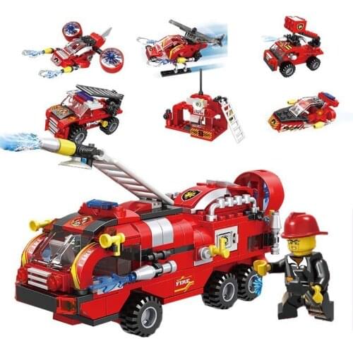 Kids Blocks Set 387pcs 6in1 Fire Fighting Trucks Car Helicopter Boat Building Blocks for Children Firemen Figures Bricks Toys