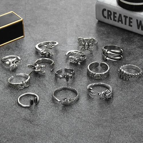 Dragon Snake Rings Silver Color Metal Punk Open Adjustable Ring Animal Exaggerated Finger Ring for Women Men Party Jewelry Gift