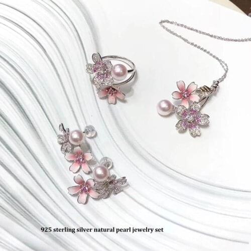 925 Sterling Silver DIY Flower Natural Pearl Necklace Earring Sets Crystal Zircon Wedding Women Jewelry Set Girls Christmas Gift