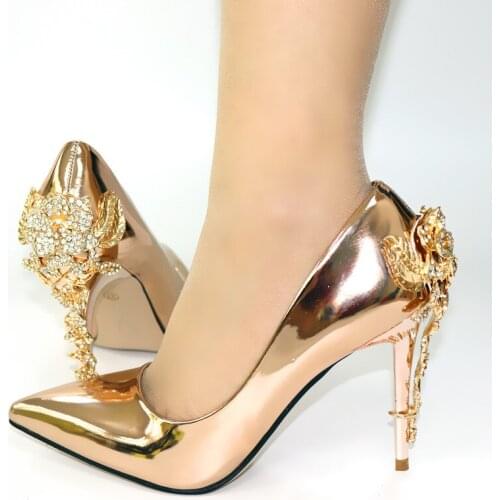 Hot sale champagne women high heel cover shoes and nice crystal style heel african pumps for dress VC104,heel 10.5CM