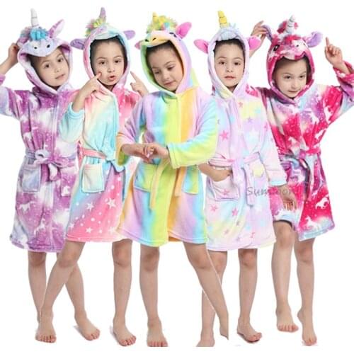 New Winter Warm Kids Bathrobe Animal Cartoon Unicorn Towel Cute Bathrobes For Children Flannel Pajamas Boys Girls Robes