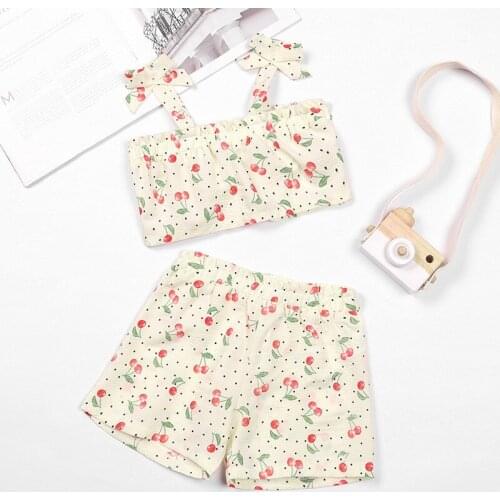 Toddler Girls Clothes Summer Cherry Printed Suspender Tops and Elastic Short Pants Casual Baby Clothing