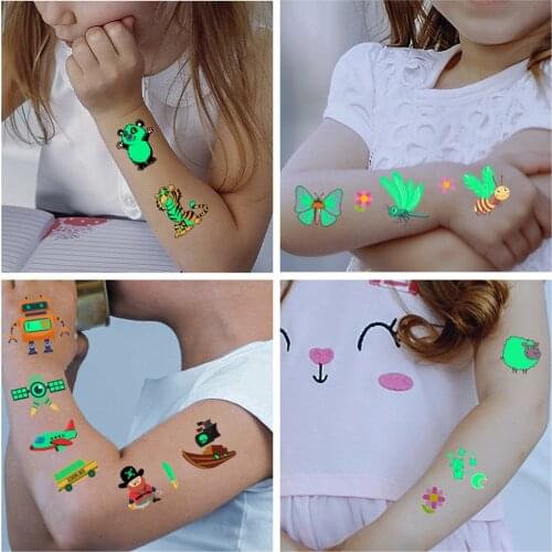 28 Kinds Disposable Temporary Tattoos Luminous Child Cute Car Animal Sticker Waterproof Fake Tattoo Glow Sticker Makeup Supplies