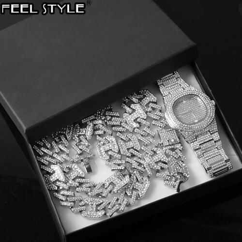 Hip Hop Necklace +Watch+Bracelet AAA+ Iced Out Alloy Rhinestones Coffee Bean Prong Cuban Chain Bracelet Necklace For Men Jewelry