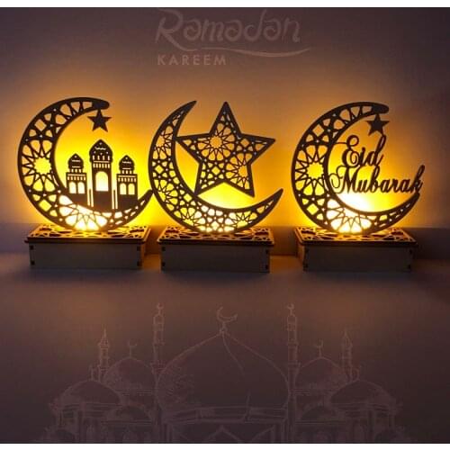 Ramadan Kareem Decor EID Mubarak Wooden Pendant with LED Candles Light Ramadan Mubarak Decoration for Home Eid Al Adha Party
