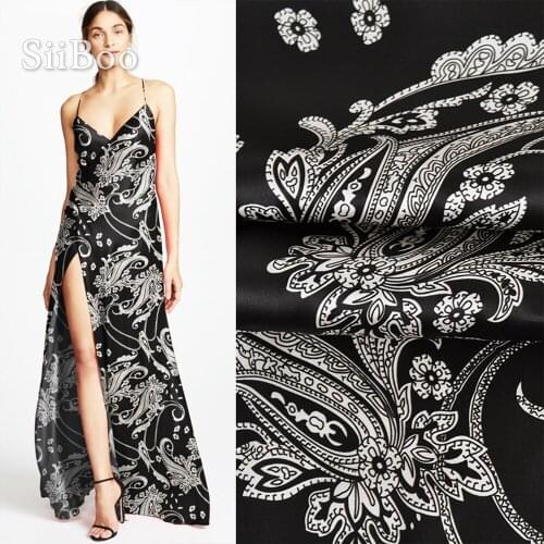 Luxury black white paisley print spandex silk fabric apparel for dress natural silk tissue cloth tela tecido yarn 19mm SP5581