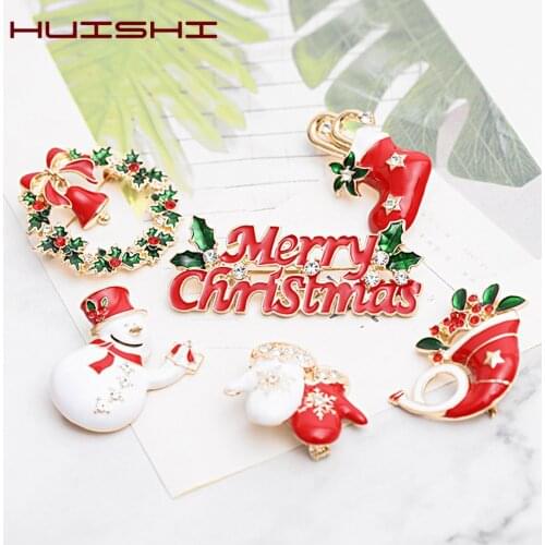 HUISHI Christmas Brooch Bell Tree Lapel Merry Christmas Pins Cute Santa Claus Hat Gloves Bells Socks Donuts Candy Enamel Badges