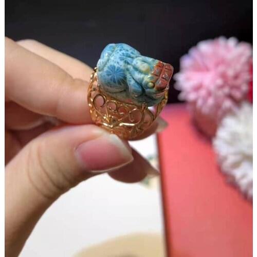 S925 silver gold-plated inlaid natural ammonite coral jade ring precious, rare and beautiful blue large gemstone unique fashion