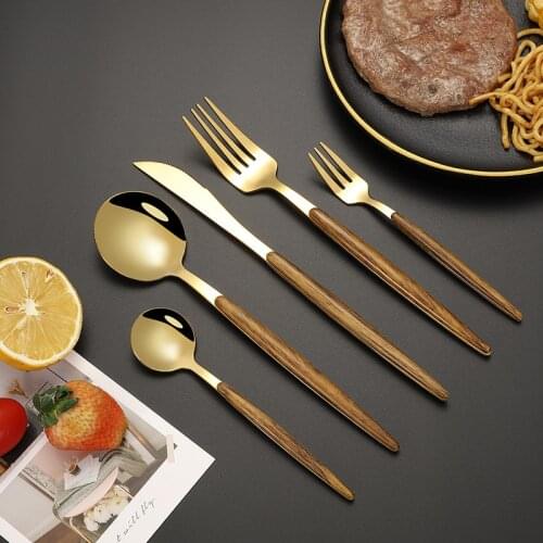5Pcs/Set Tableware Stainless Steel Dinnerware Wooden Handle Dishwasher Kitchen Western Flatware Silver Golden Knife Fork Spoon