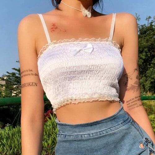 Fashion Tank Top White Slim Bow Crop Tops 2021 New Female Pleated Lace Strap Sexy Crop Tops Navel Non Sleeve Vests Summer
