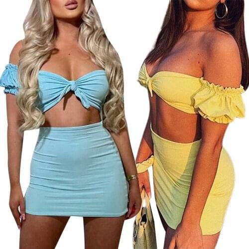 New Sexy Woman Girls Solid Color Off Shoulder Bow Crop Tops High Waist Mini Skirt 2PCS Matching Dress Sets