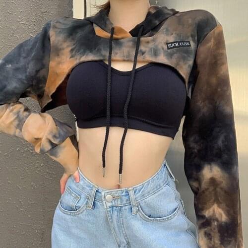Tie Dye Print Cropped Hoodies Women Long Sleeve Smocked Sweatshirt Ladies Autumn Harajuku Sweat Shirt Streetwear