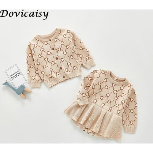 2020 Autumn Infant Baby Girls Knit Long Sleeve heart Coat + Braces Rompers Clothing Sets Kids Girl Suit Clothes 0-3Yrs