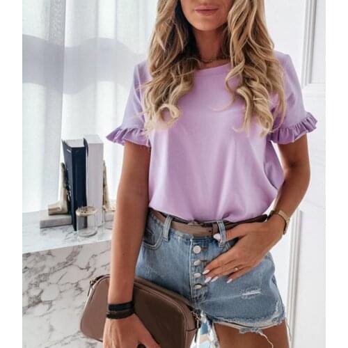 T-Shirt Women Solid Color Round Neck Short Sleeve Ruffled Hem Loose T-shirt Top Short Sleeve T-shirt 2021