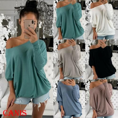 Womens Long Sleeve Off Shoulder T Shirt Ladies Solid Loose Casual Top