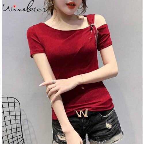 Summer Korean Clothes T-Shirt Sexy Fashion Irregularity Drape Off Shoulder Women Tops Slim Bottoming Shirt Tees New 2021 T13711A