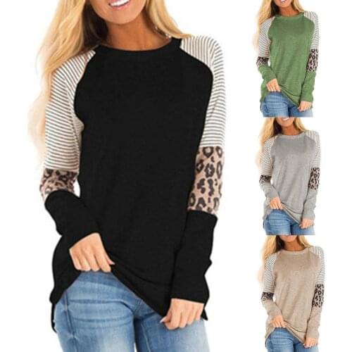 Women Fashion Casual Top Leopard Print Round Neck All Match Long Sleeve Color Stitching Blouse for Daily Wear Streetwear