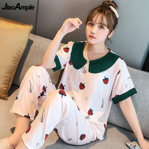 Women Summer Thin Cozy Cotton Stain Pajamas Sets Korean Girls Cute Turn-down Collar Strawberry Print Sleepwear Female Home Wear