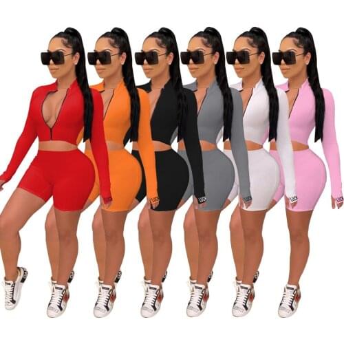 Women Lucky Small Embroidered Sporty High Elastic Screw Thread Suits Sexy Zipper Neck Short Sleeve Casual Skinny Shorts Sets