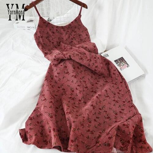 YornMona 2020 Vintage Sundress Women Spring Summer Vintage Corduroy Long Dress Spaghetti Strap Floral Print Ruffle Maxi Dress