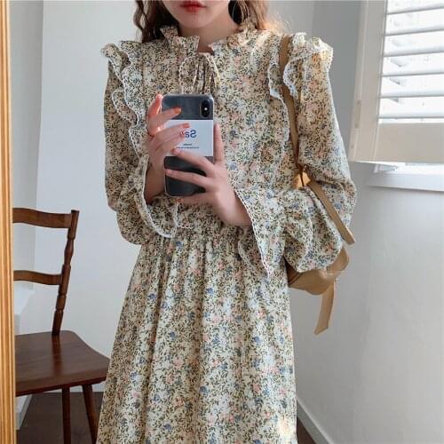 2021 New Women Spring Autumn Vintage Ruffle Lace Floral Long Dress Elastic High Waist A-line Midi Dresses