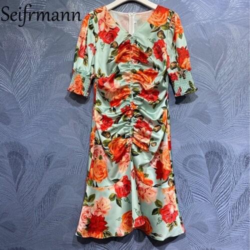 Seifrmann New 2021 Summer Women Fashion Designer Party Midi Dress Lantern Sleeve Single Breasted Rose Floral Print Folds Dresses