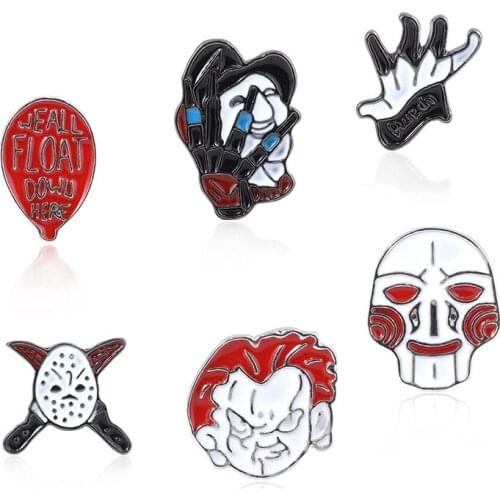 Horror Movie Saw Chucky IT Pennywise Balloon Freddy Krueger Friday The 13th Jason Voorhees Mask Enamel Alloy Badge Brooch Pin