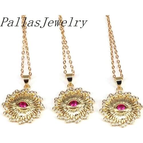 10PCS, CZ Micro Pave Gold Eye On Sunflower Pendant, Cubic Zirconia Medallion Pendant,CZ Micro Pave Pendant Necklace