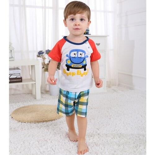 Toddler Boy Clothes Summer Baby Boy Tracksuit Cotton Car Print T-shirt+Plaid Shorts 2PCS Casual Cartoon Kids Clothes DS19