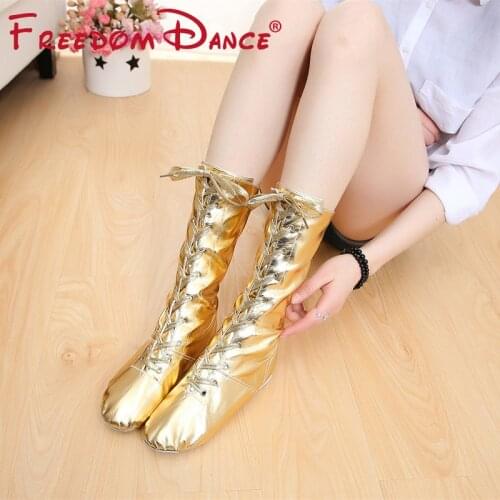 2021 Dance Boots For Ladies Leather Gold Silver Colors Girls Jazz Dance Shoes Sport Sneakers Jackboots High Boots free Shipping