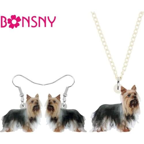 Bonsny Acrylic Cute Yorkshire Yorkie Dog Jewelry Sets Long Animal Pets Earrings Necklace For Women Girls Charms Gift Decoration