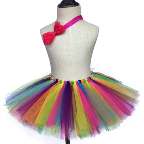 Girls Rainbow Tutu Skirts Kids Ballet Dance Tulle Pettiskirt Tutus with Pink Bow Hairbow Children Birthday Party Costume Skirt