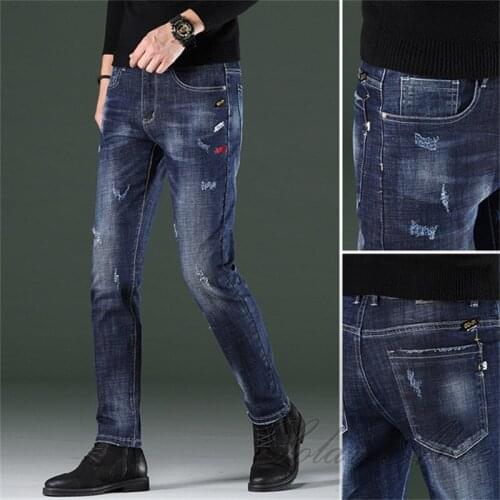 Free shipping 2020 mens fall/winter new small feet jeans handsome guy slim stretch small straight casual pants