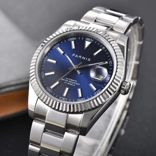 Parnis 39.5mm Blue Dial Automatic Mechanical Watches Calendar Automatic Mechanical Wristwatch miyota 8215 automatic mens watch