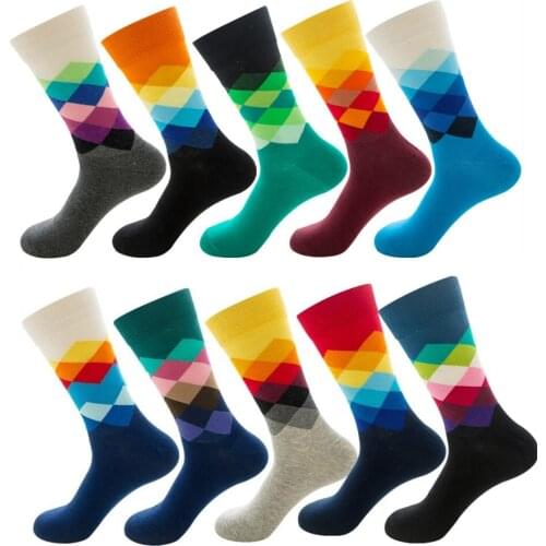 DOIAESKV 5Pairs/10 Pairs/lot Happy Socks Cotton Funny Couple Socks Harajuku Crew Diamond Pattern Mens Sock Hipster Sock Hip Hop