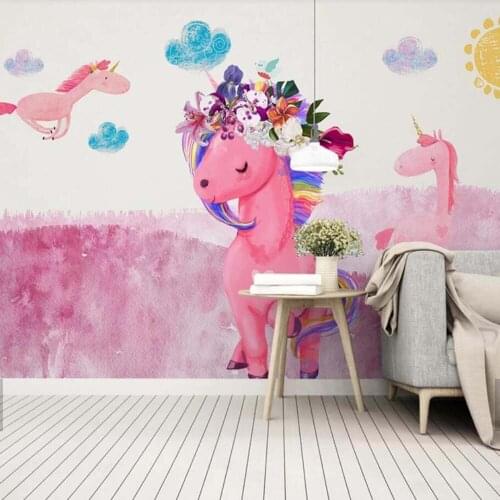 European Modern 3D Pink Unicorn Animal Wall Papers Hand Print Photo Wallpaper Murals for Kids Bedroom Wall Decor Flower Mural