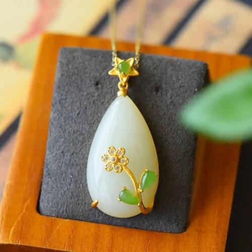 Natural Hetian white jade Drop Shaped Pendant Necklace Chinese style retro romantic florets sweet cute fairy silver jewelry