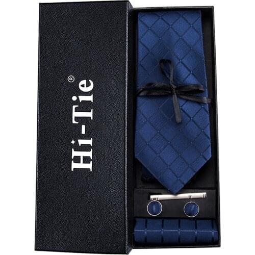 Hi-Tie Navy Plaid For Men Silk Woven Ties Solid Cravat Necktie Set Cufflinks Tie Clip Gift Box for Husband Male HB-1656